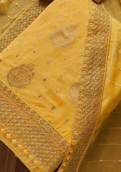 Lemon Yellow Zariwork Semi Crepe Unstitched Salwar Suit - Koskii