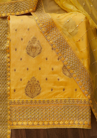 Lemon Yellow Zariwork Semi Crepe Unstitched Salwar Suit - Koskii