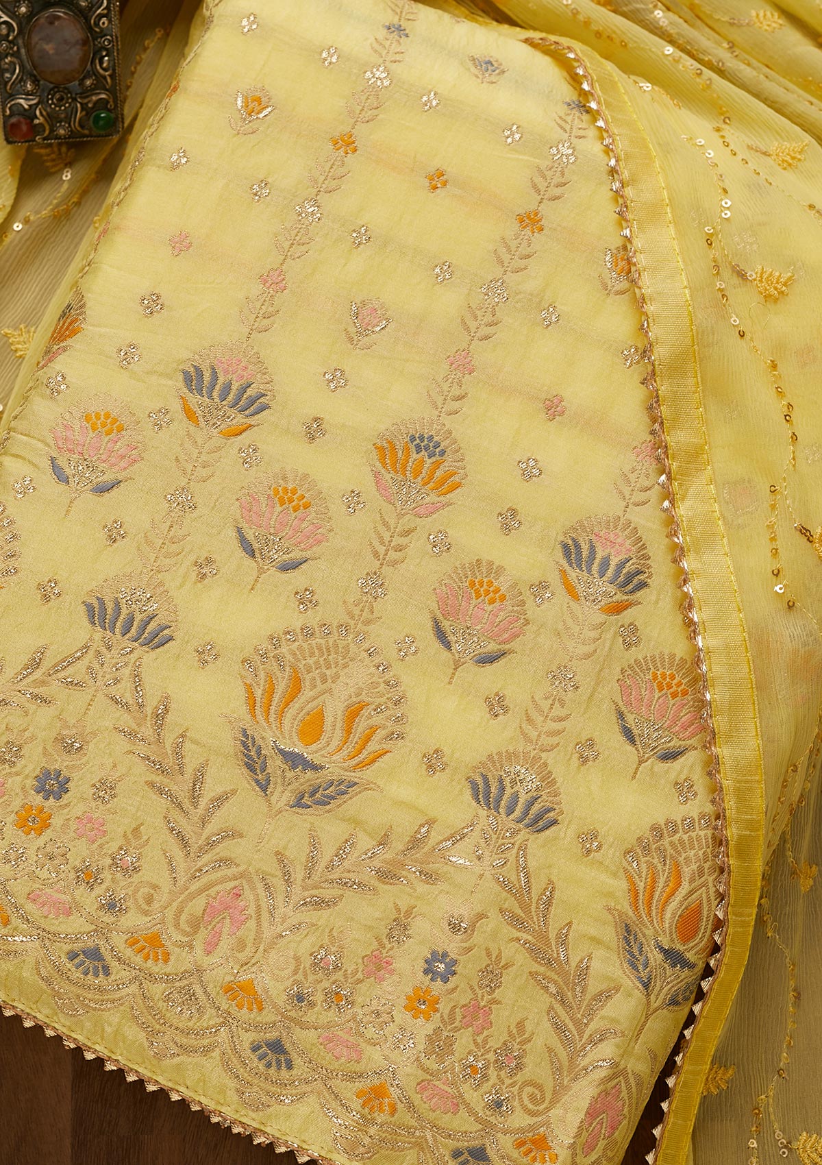 Lemon Yellow Zariwork Semi Crepe Unstitched Salwar Suit-Koskii