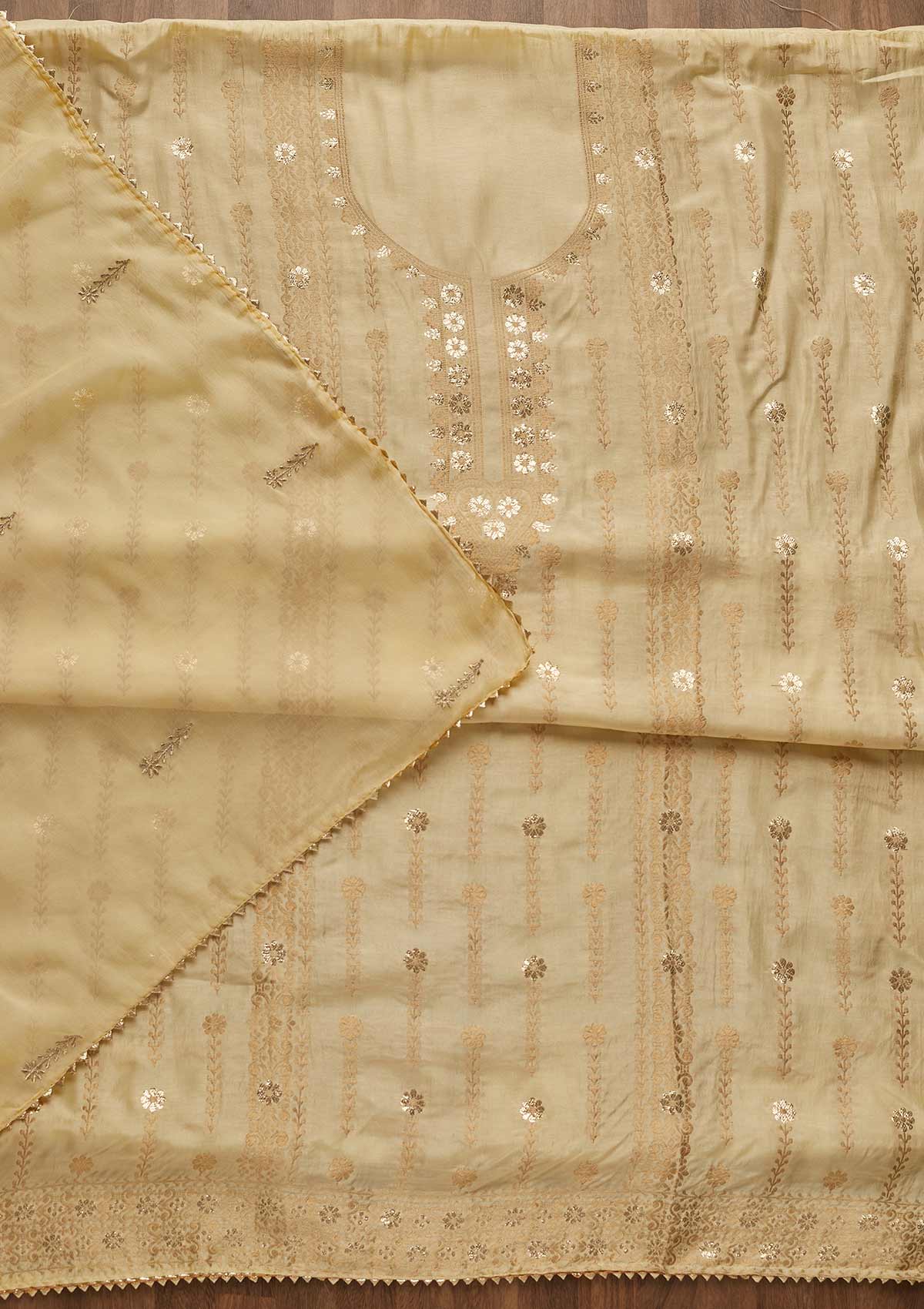 Lemon Yellow Zariwork  Art Silk Unstitched Salwar Suit-Koskii