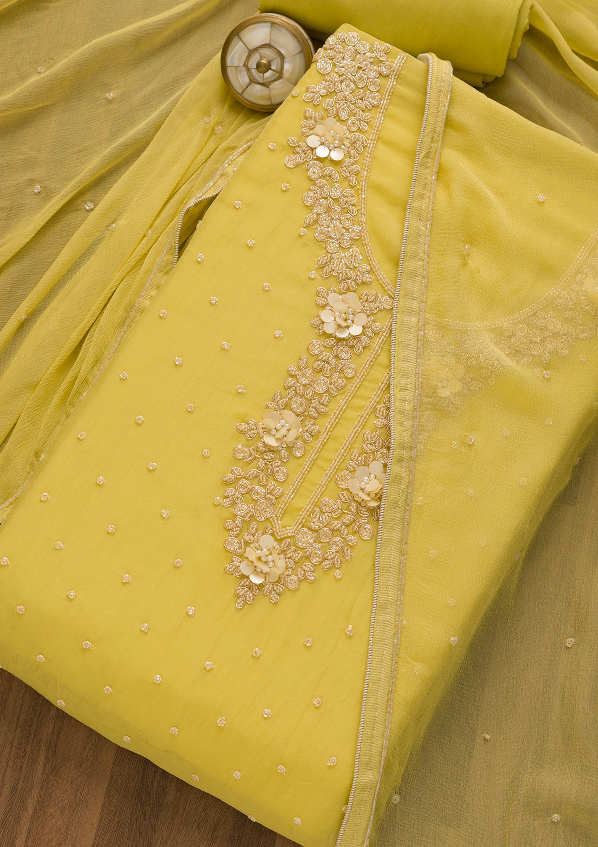 Buy Lemon Yellow Cutdana Organza Unstitched Salwar Suit Koskii