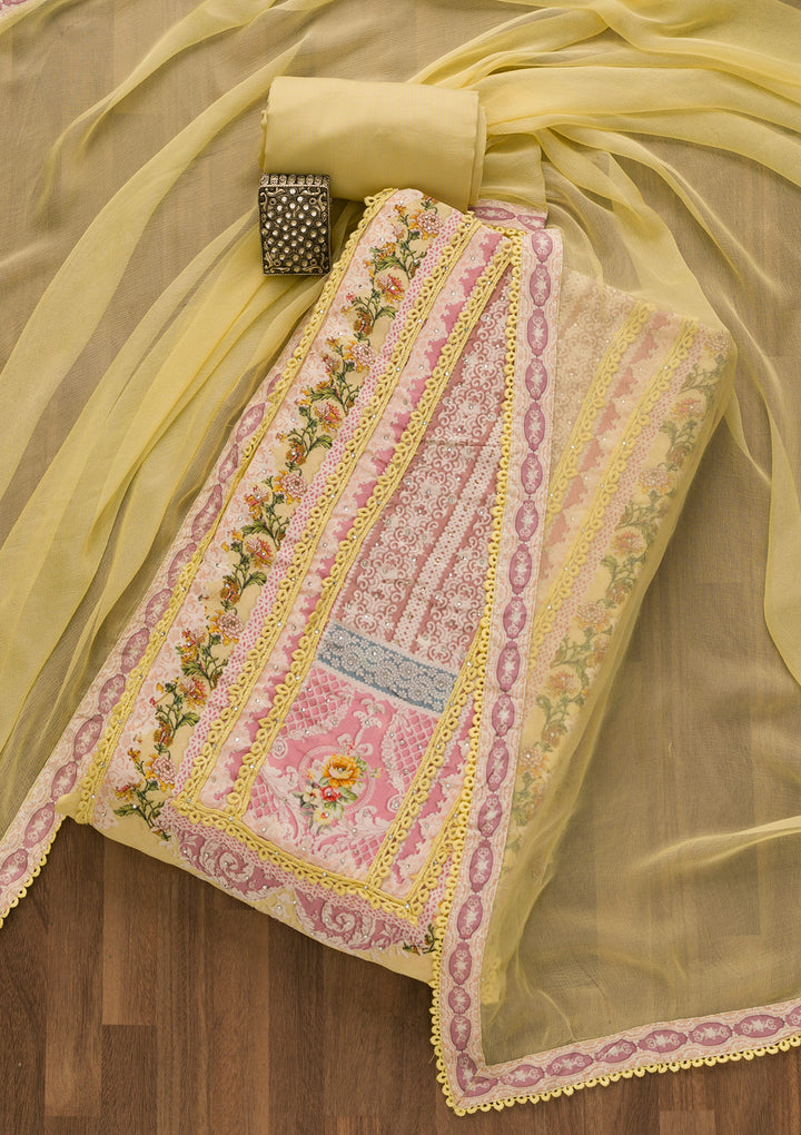 Lemon Yellow Printed Poly Cotton Unstitched Salwar Suit-Koskii