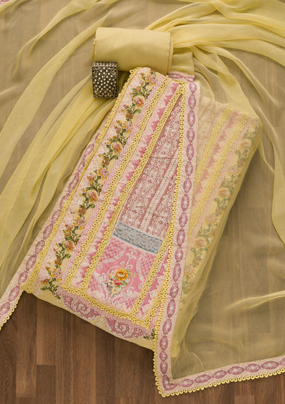 Lemon Yellow Printed Poly Cotton Unstitched Salwar Suit-Koskii