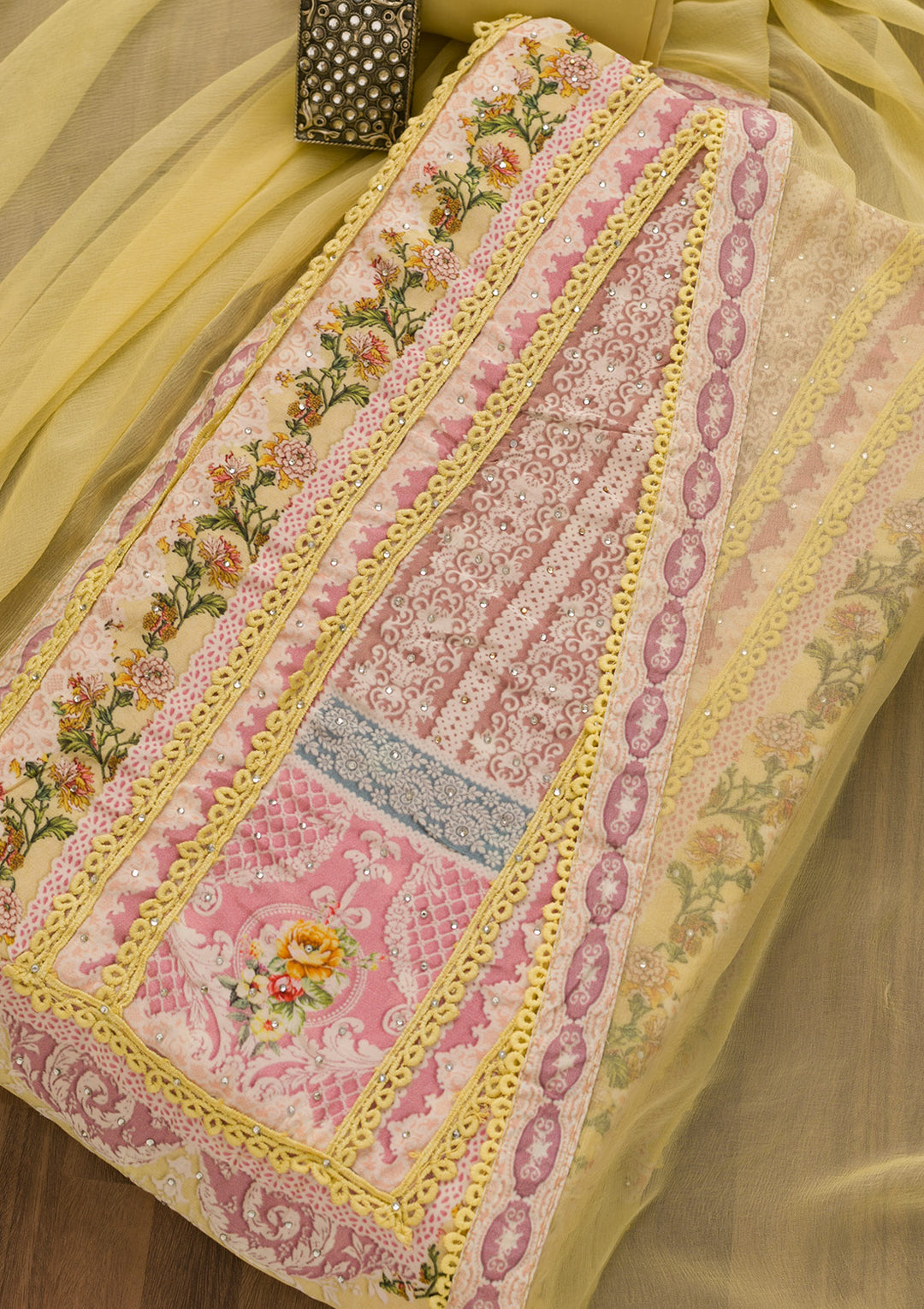 Lemon Yellow Printed Poly Cotton Unstitched Salwar Suit-Koskii