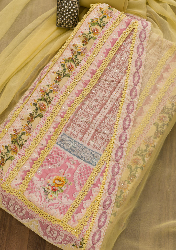 Lemon Yellow Printed Poly Cotton Unstitched Salwar Suit-Koskii