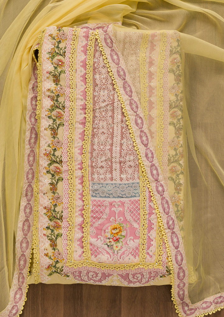 Lemon Yellow Printed Poly Cotton Unstitched Salwar Suit-Koskii