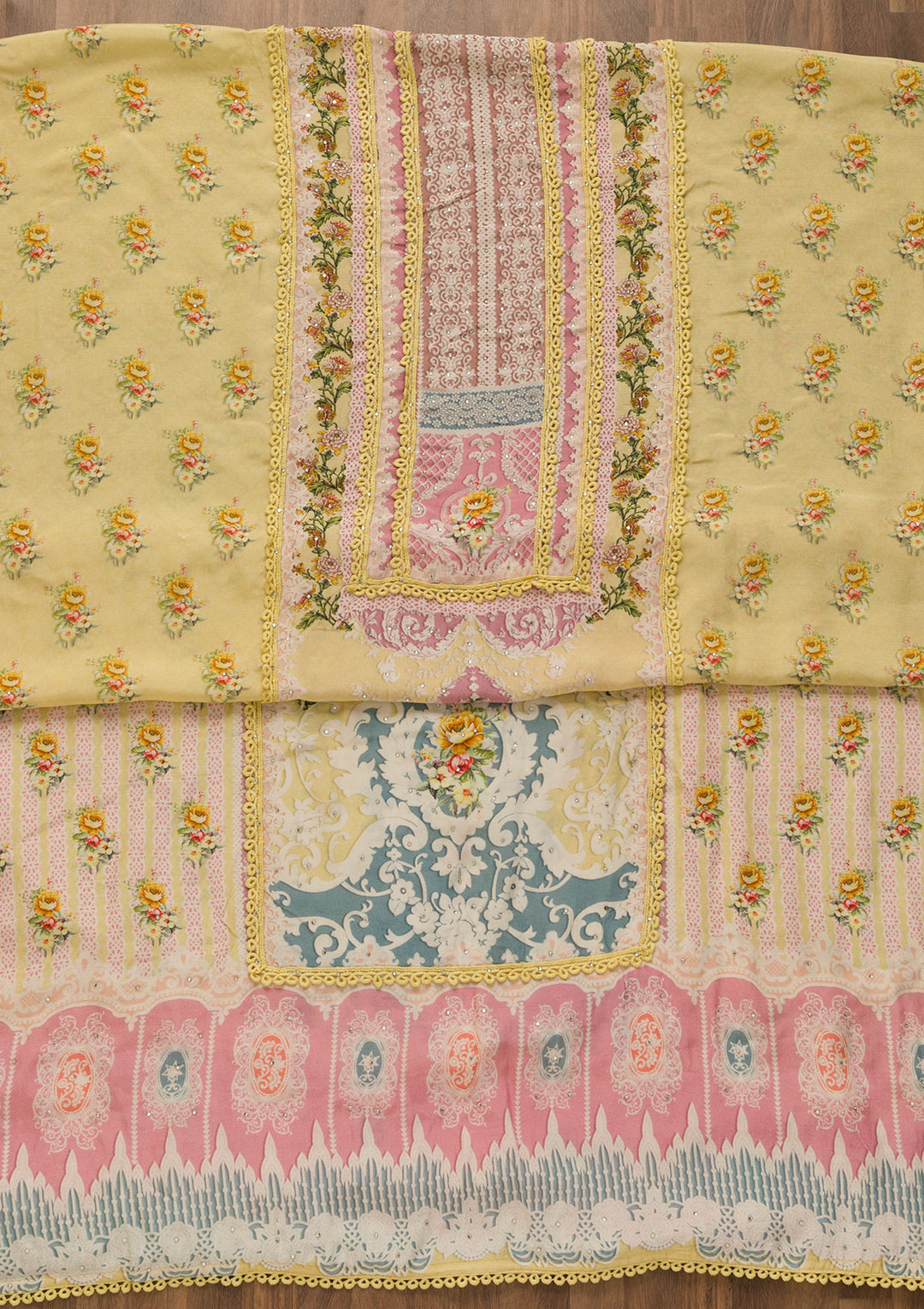 Lemon Yellow Printed Poly Cotton Unstitched Salwar Suit-Koskii