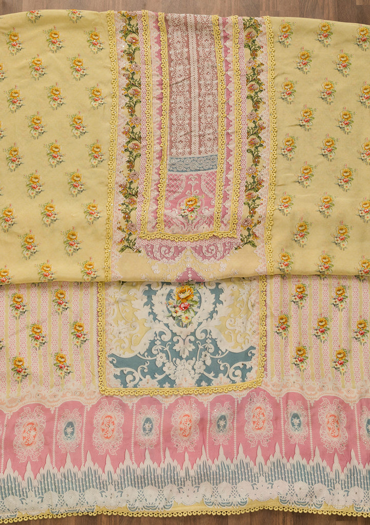 Lemon Yellow Printed Poly Cotton Unstitched Salwar Suit-Koskii