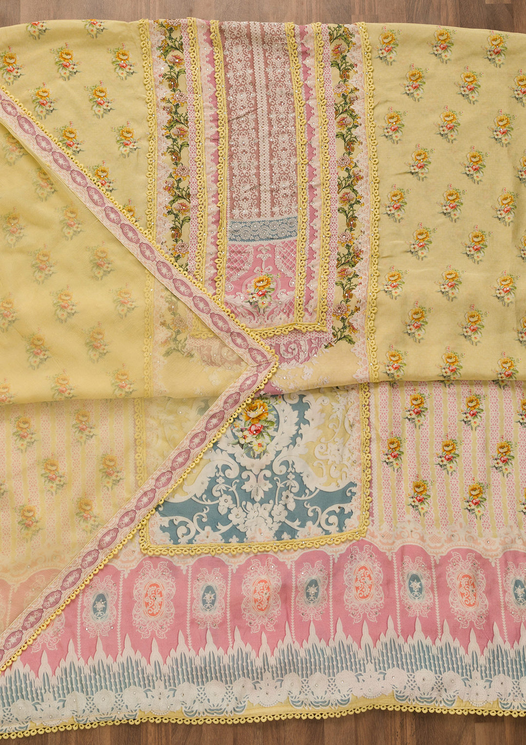 Lemon Yellow Printed Poly Cotton Unstitched Salwar Suit-Koskii