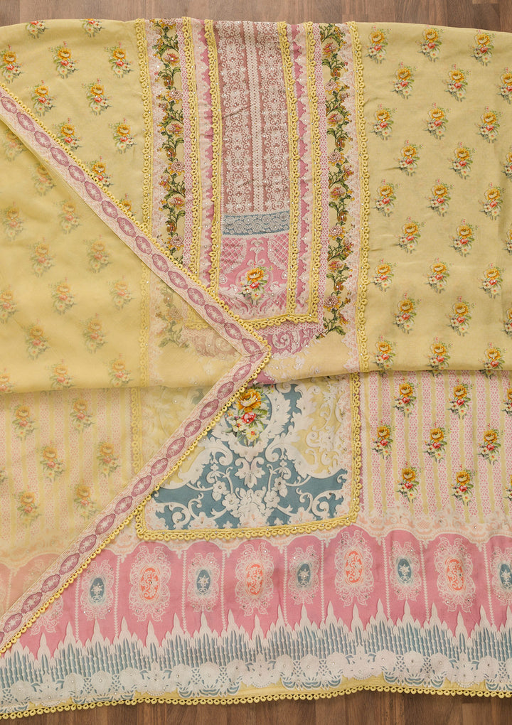 Lemon Yellow Printed Poly Cotton Unstitched Salwar Suit-Koskii