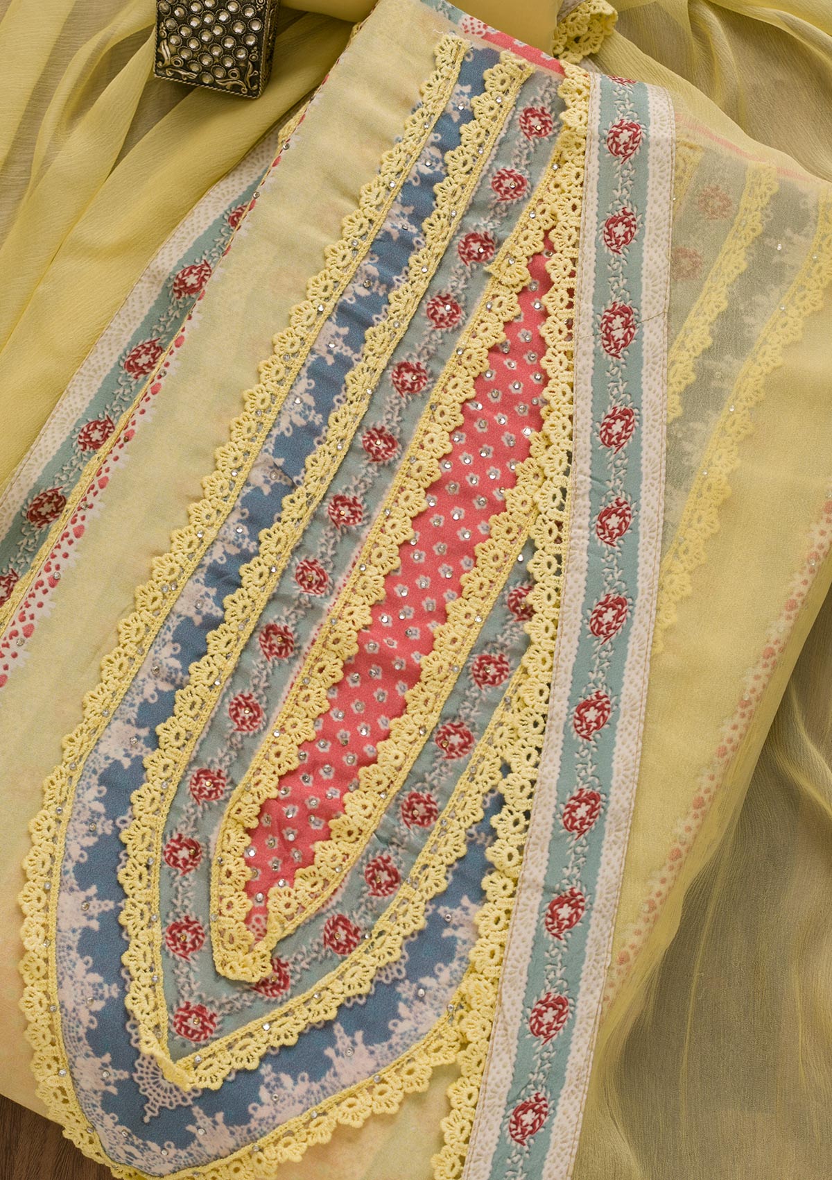 Lemon Yellow Printed Poly Cotton Unstitched Salwar Suit-Koskii