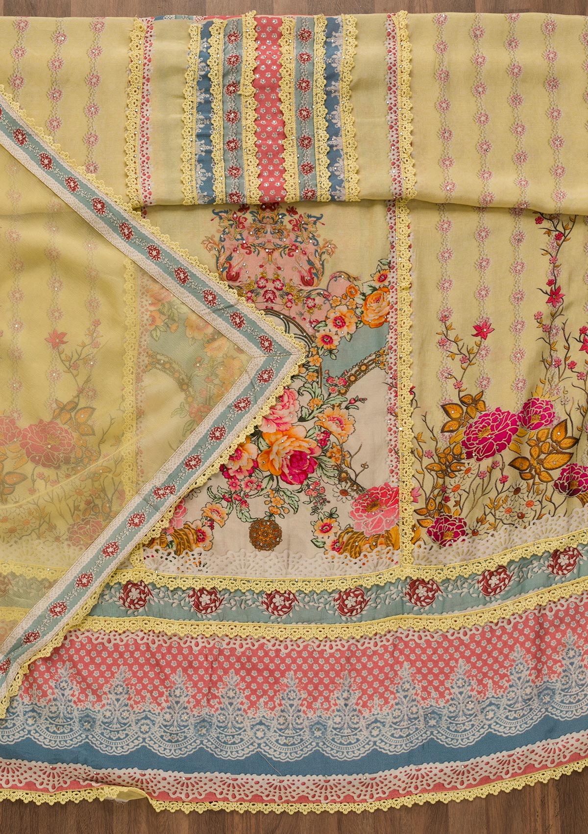 Lemon Yellow Printed Poly Cotton Unstitched Salwar Suit-Koskii