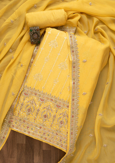 Lemon Yellow Sequins Silk Unstitched Salwar Suit-Koskii