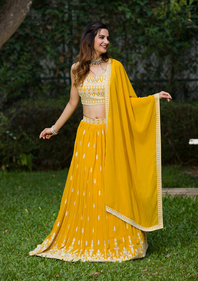 Lemon Yellow Threadwork Georgette Readymade Lehenga Set-Koskii