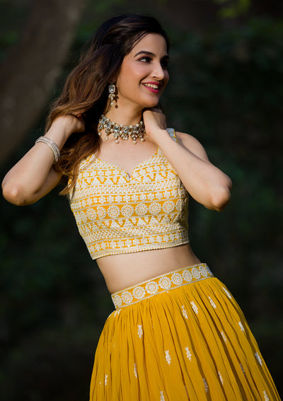 Lemon Yellow Threadwork Georgette Readymade Lehenga Set-Koskii