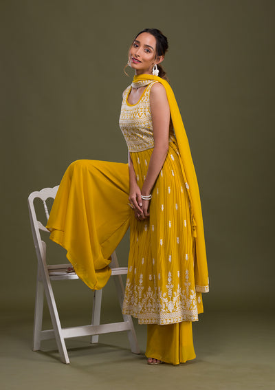 Lemon Yellow Threadwork Georgette Readymade Salwar Suit-Koskii