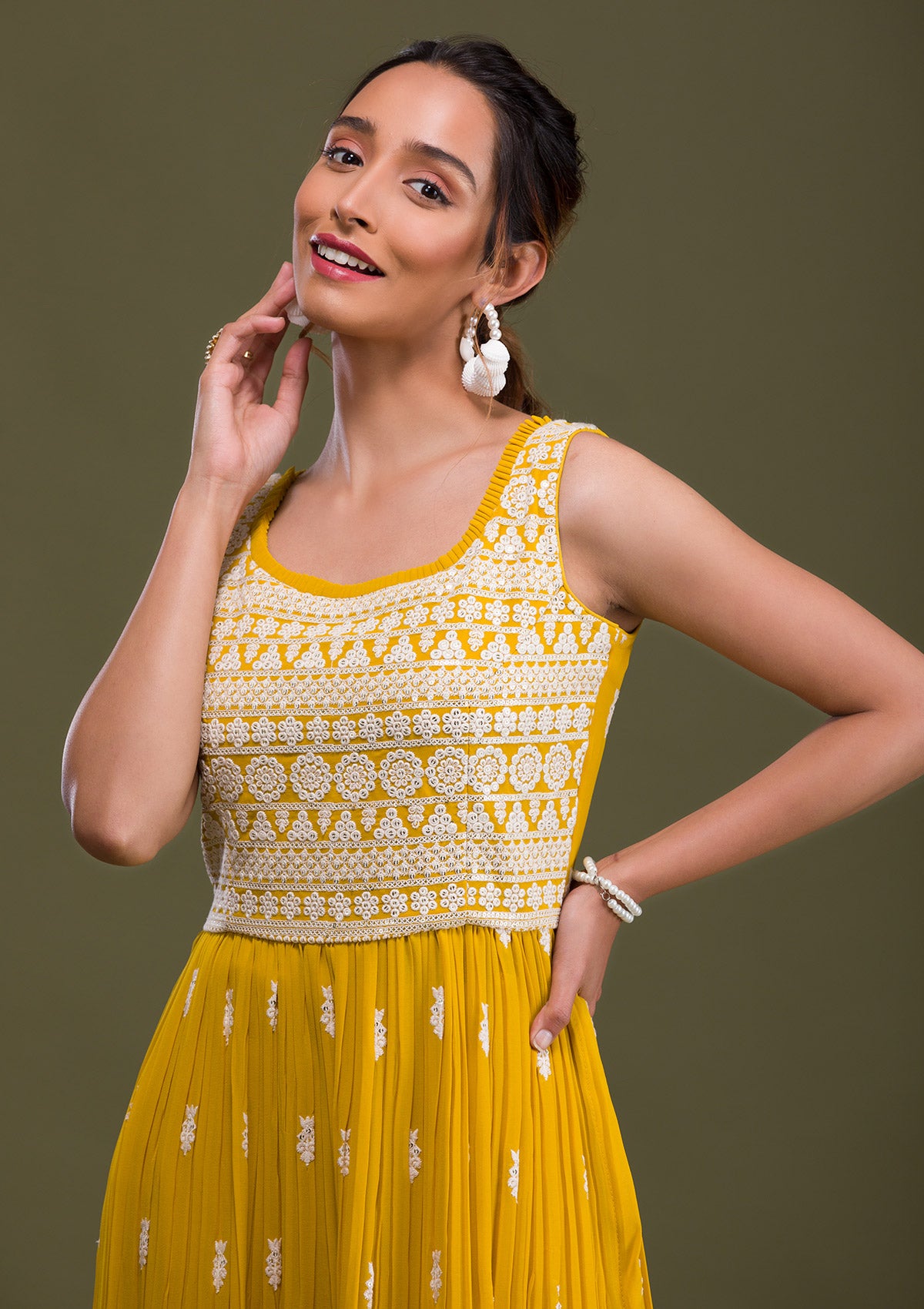 Lemon Yellow Threadwork Georgette Readymade Salwar Suit-Koskii