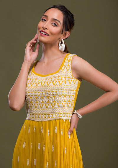 Lemon Yellow Threadwork Georgette Readymade Salwar Suit-Koskii