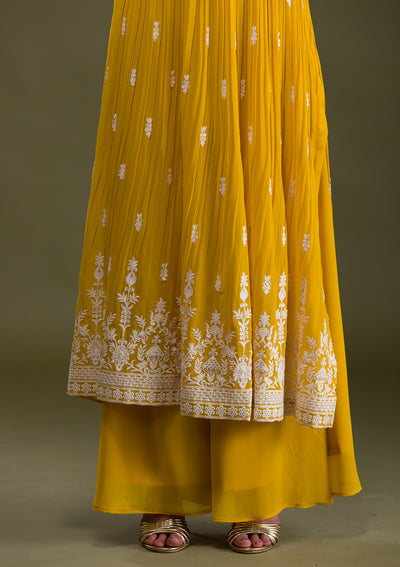 Lemon Yellow Threadwork Georgette Readymade Salwar Suit-Koskii