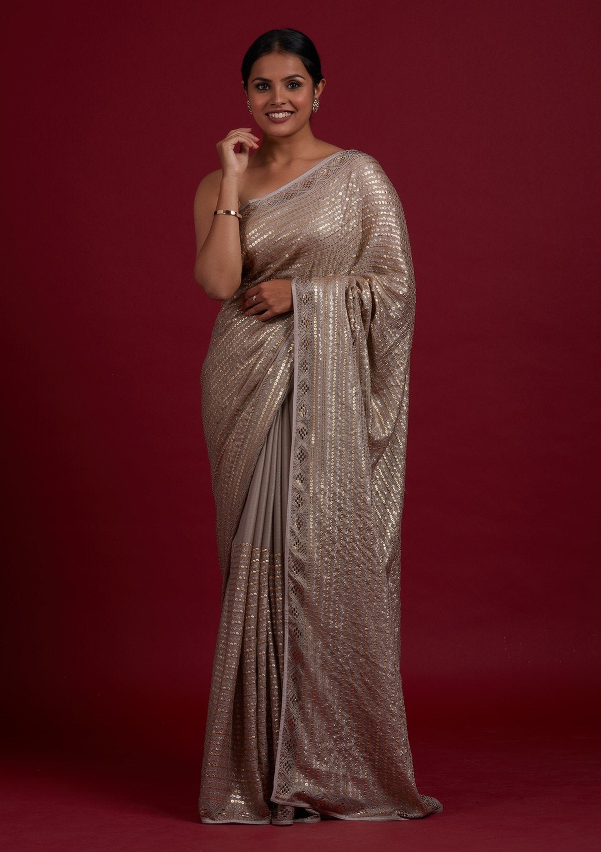 Light Brown Sequins Shimmer Designer Saree - Koskii