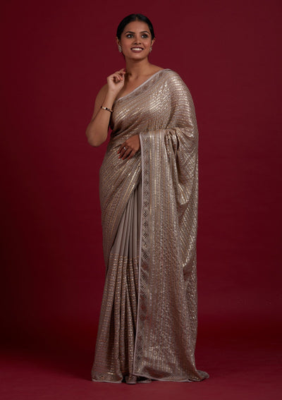 Light Brown Sequins Shimmer Designer Saree - Koskii