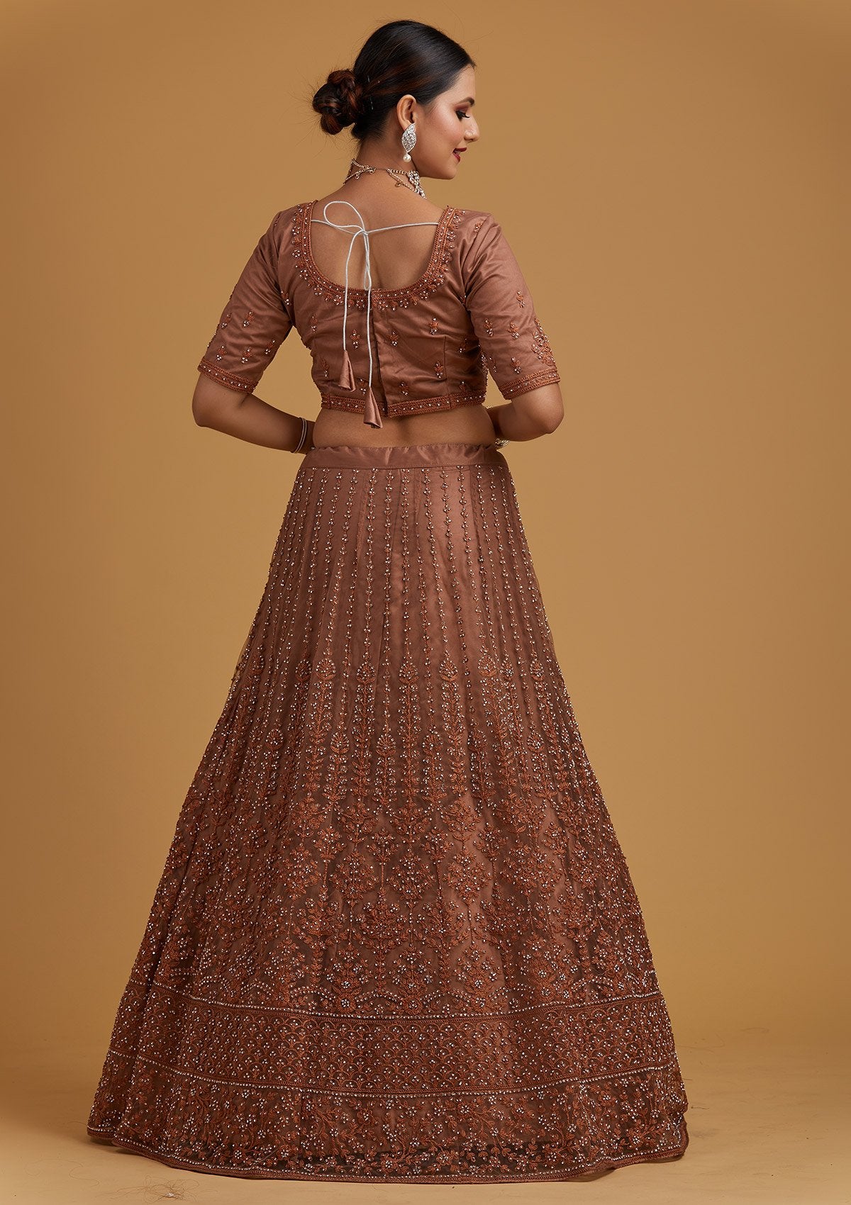 Light Brown Silver Stonework Net Designer Semi-Stitched Lehenga - koskii