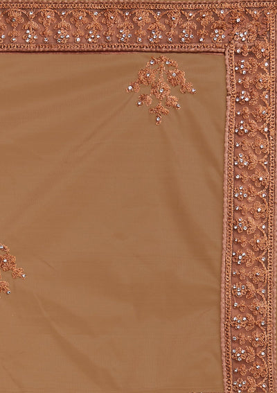 Light Brown Silver Stonework Net Designer Semi-Stitched Lehenga - koskii