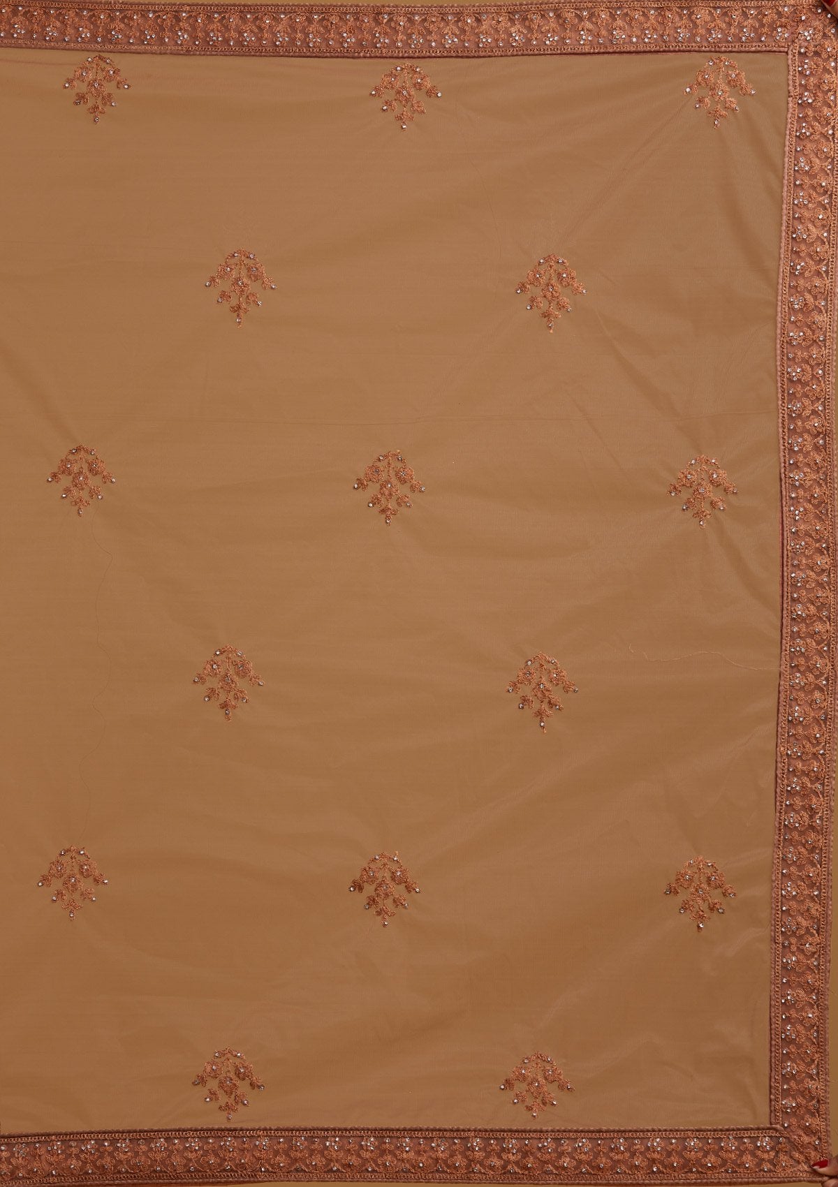 Light Brown Silver Stonework Net Designer Semi-Stitched Lehenga - koskii