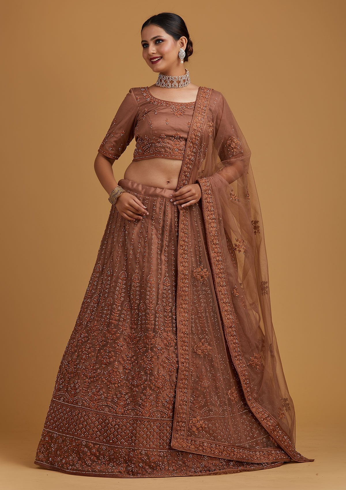 Light Brown Silver Stonework Net Designer Semi-Stitched Lehenga - koskii