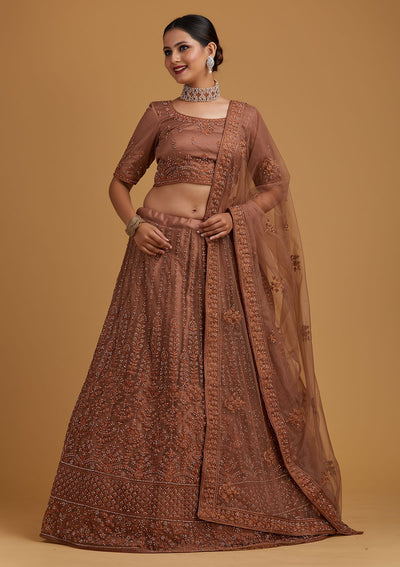 Light Brown Silver Stonework Net Designer Semi-Stitched Lehenga - koskii