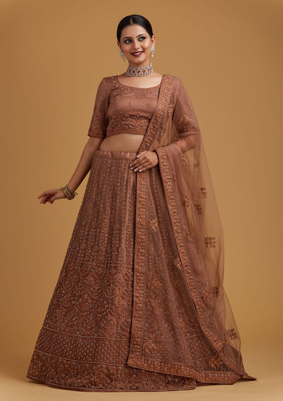 Light Brown Silver Stonework Net Designer Semi-Stitched Lehenga - koskii