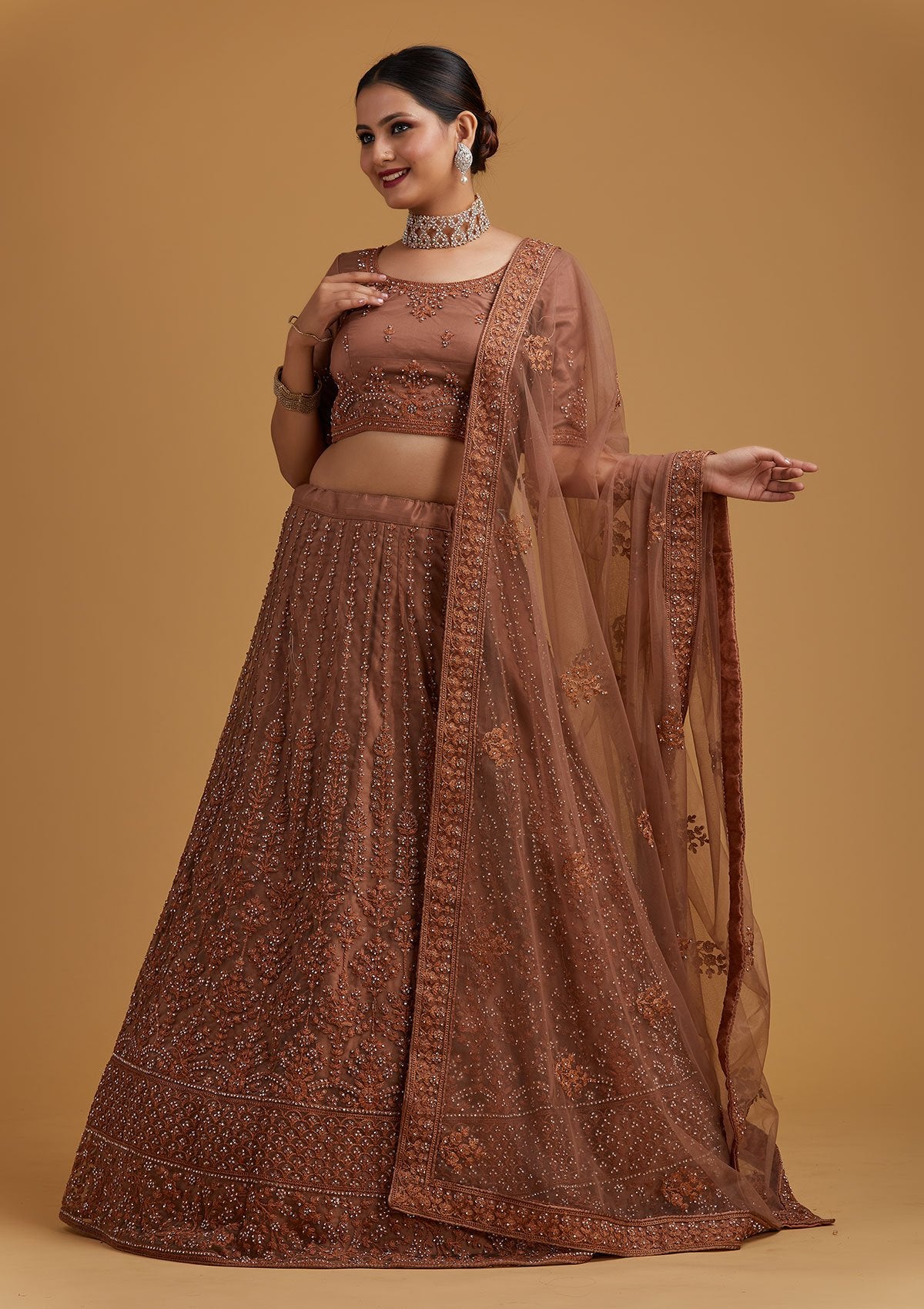 Light Brown Silver Stonework Net Designer Semi-Stitched Lehenga - koskii