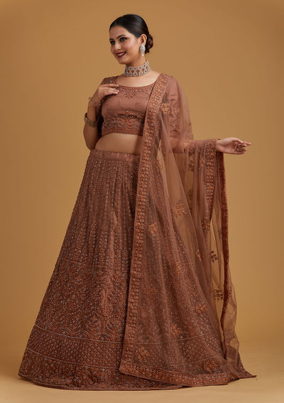 Light Brown Silver Stonework Net Designer Semi-Stitched Lehenga - koskii