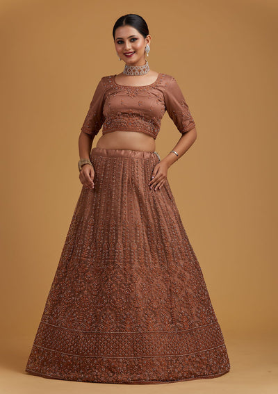 Light Brown Silver Stonework Net Designer Semi-Stitched Lehenga - koskii