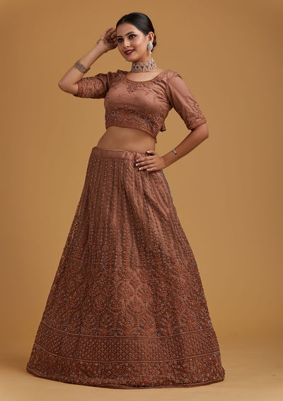 Light Brown Silver Stonework Net Designer Semi-Stitched Lehenga - koskii