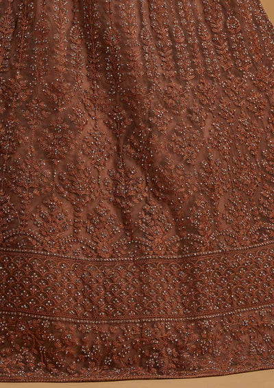 Light Brown Silver Stonework Net Designer Semi-Stitched Lehenga - koskii