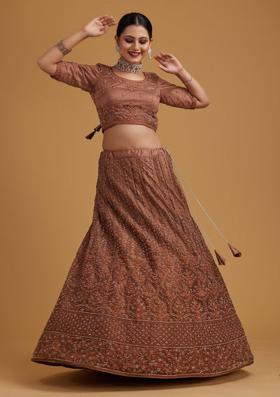Light Brown Silver Stonework Net Designer Semi-Stitched Lehenga - koskii