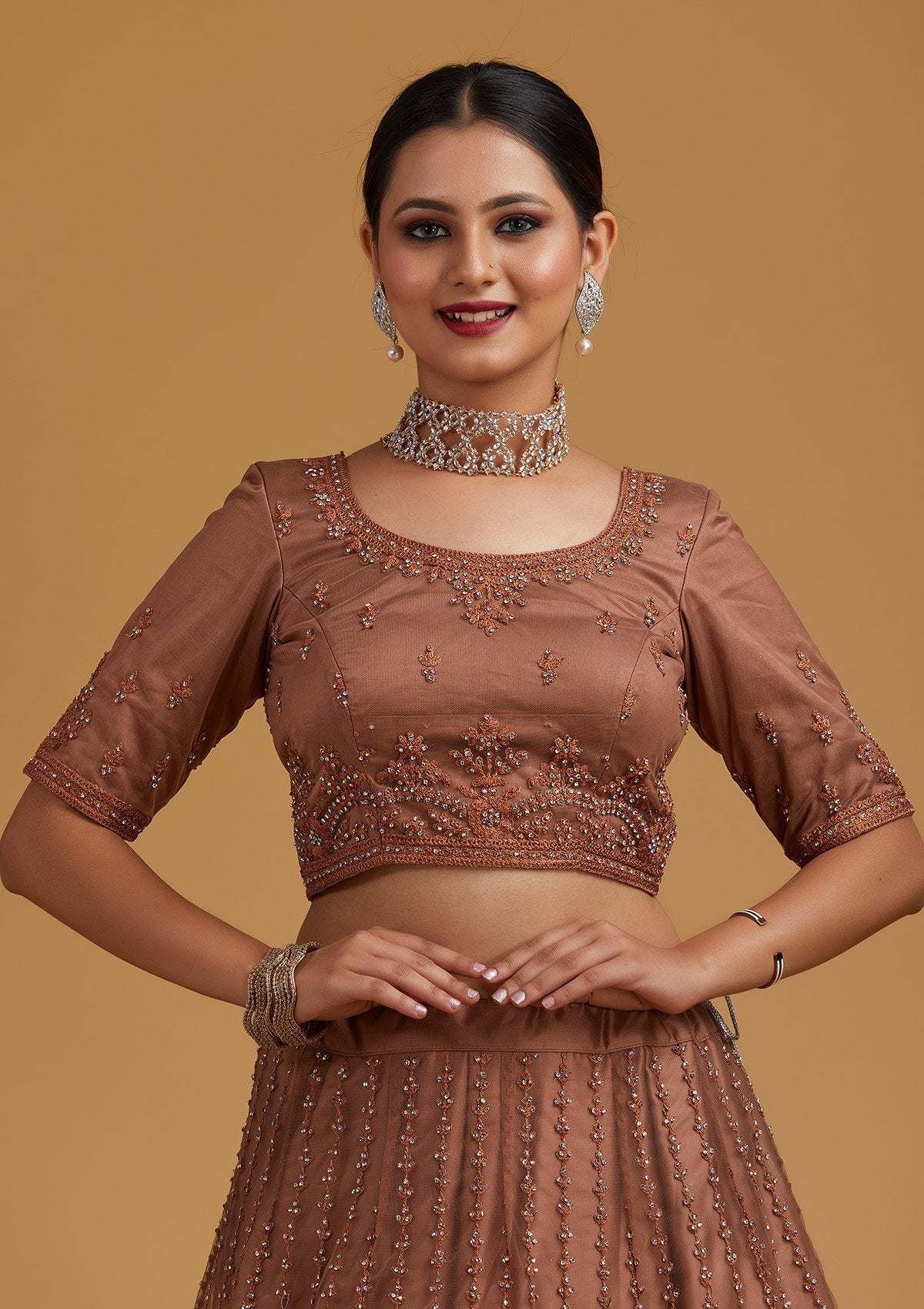 Light Brown Silver Stonework Net Designer Semi-Stitched Lehenga - koskii
