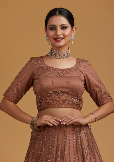 Light Brown Silver Stonework Net Designer Semi-Stitched Lehenga - koskii