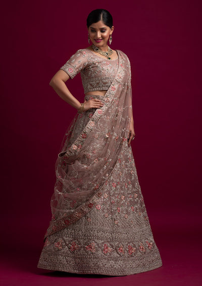 Light Brown Silver Stonework Net Designer Semi-Stitched Lehenga - koskii