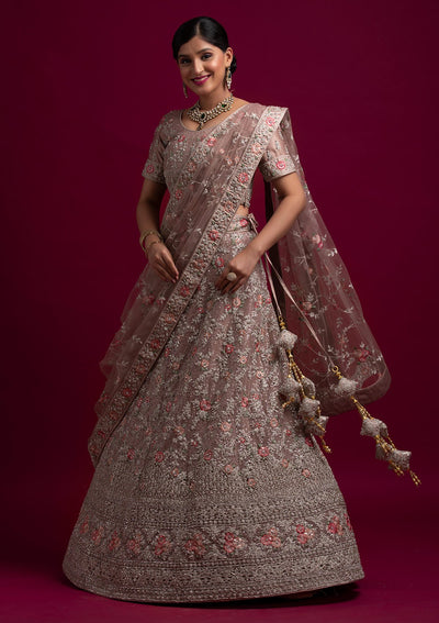 Light Brown Silver Stonework Net Designer Semi-Stitched Lehenga - koskii