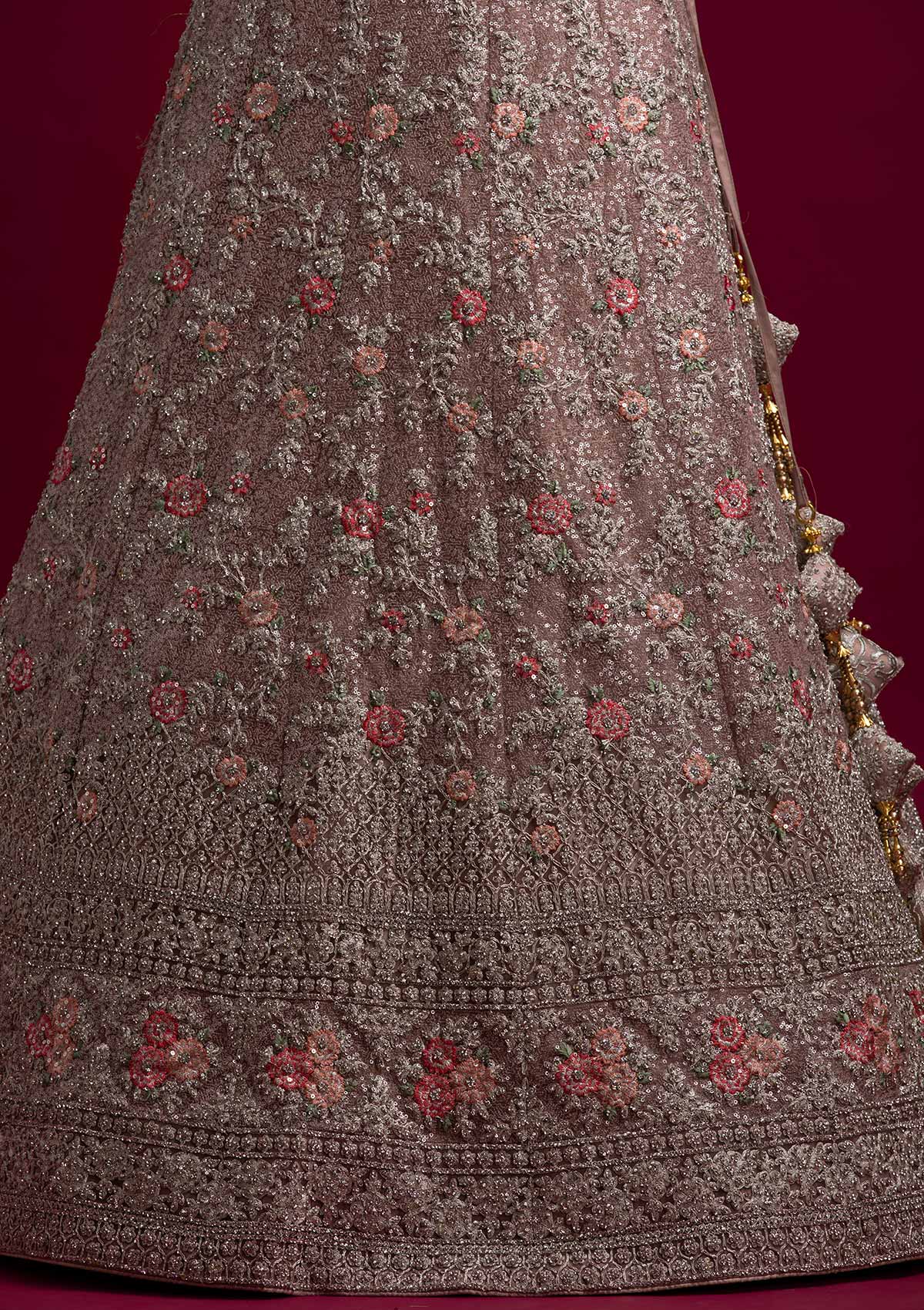 Light Brown Silver Stonework Net Designer Semi-Stitched Lehenga - koskii
