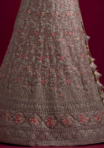 Light Brown Silver Stonework Net Designer Semi-Stitched Lehenga - koskii