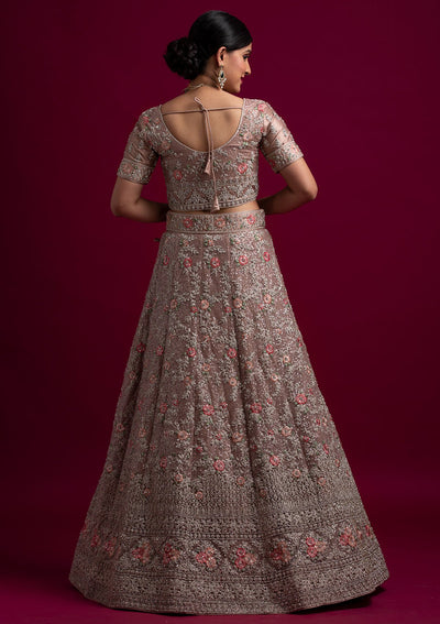 Light Brown Silver Stonework Net Designer Semi-Stitched Lehenga - koskii