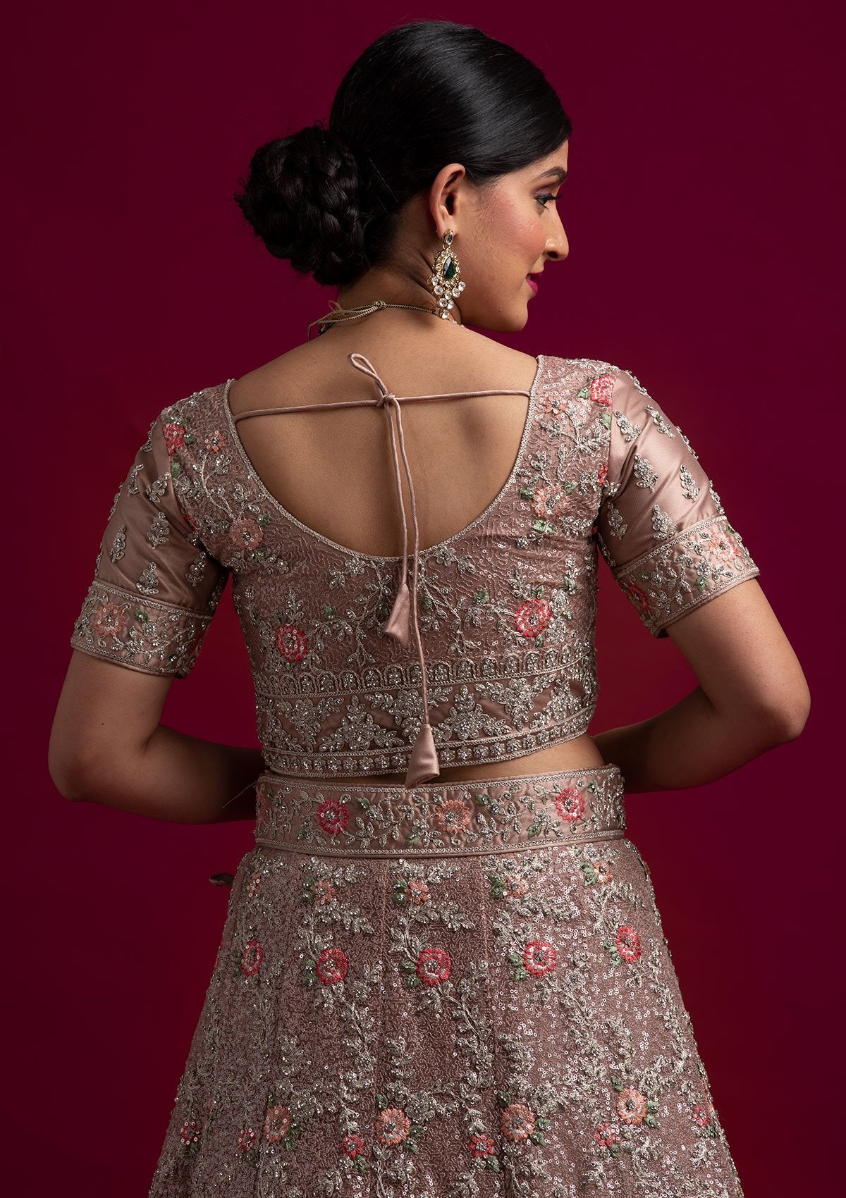 Light Brown Silver Stonework Net Designer Semi-Stitched Lehenga - koskii