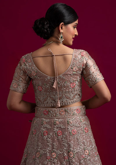 Light Brown Silver Stonework Net Designer Semi-Stitched Lehenga - koskii