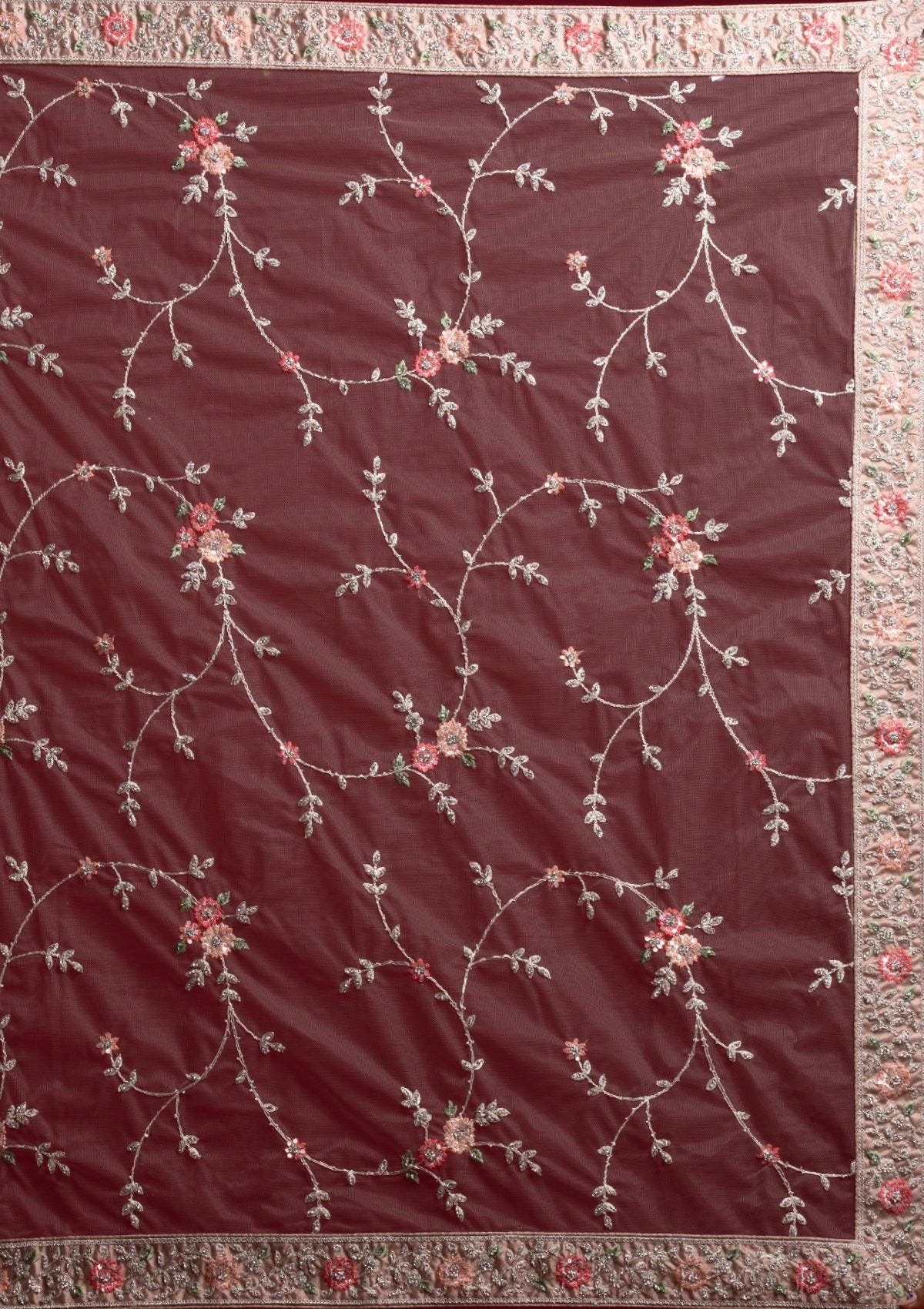 Light Brown Silver Stonework Net Designer Semi-Stitched Lehenga - koskii