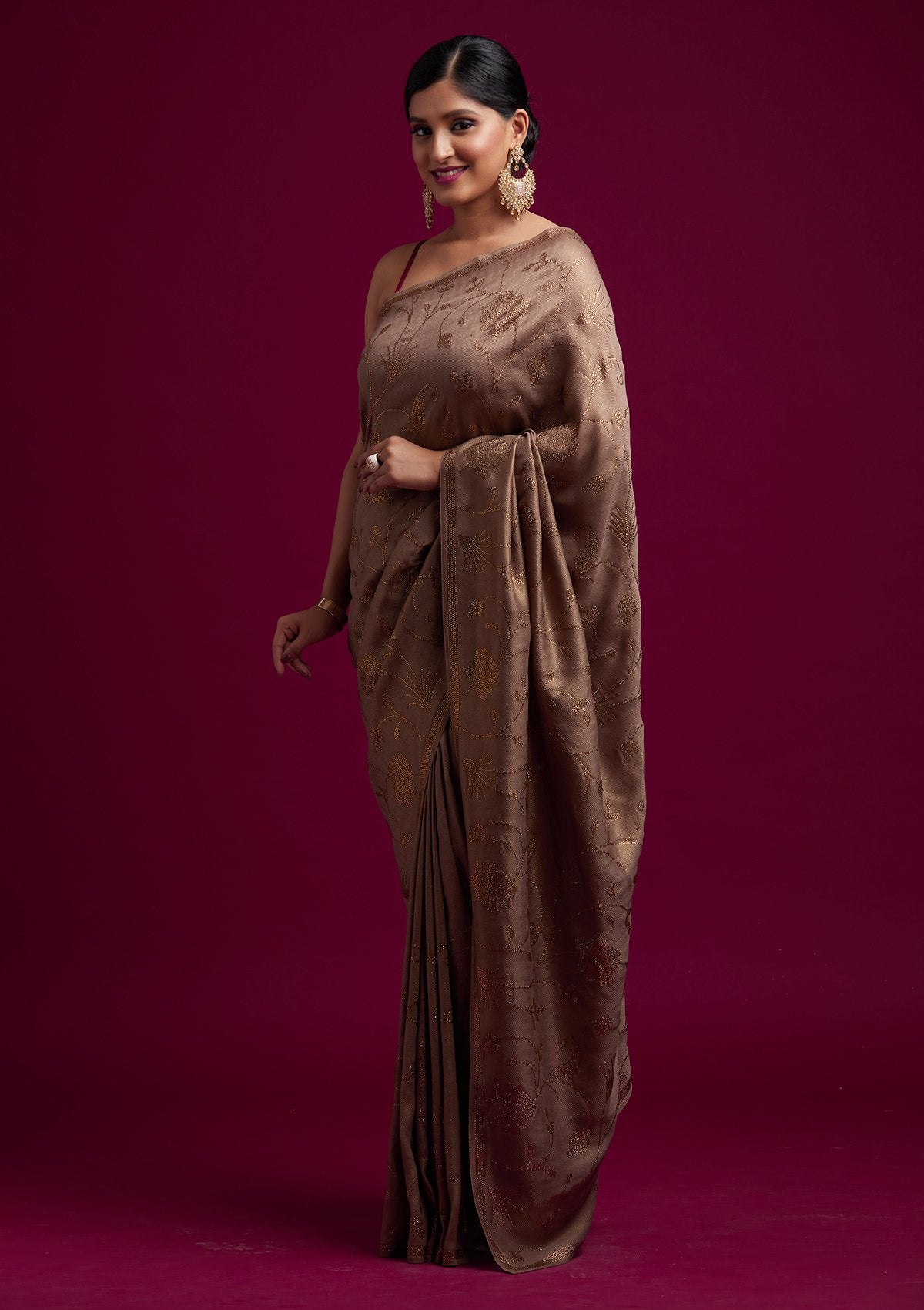 Light Brown Swarovski Shimmer Designer Saree - koskii