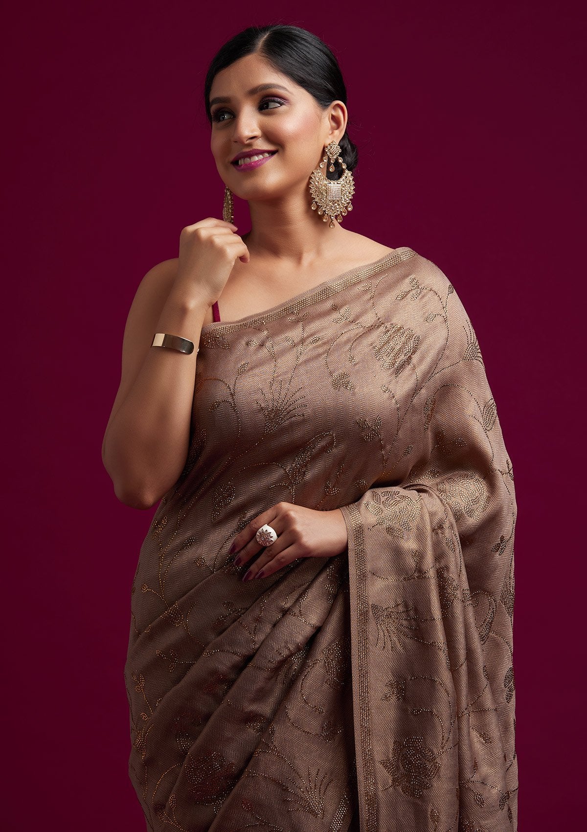 Light Brown Swarovski Shimmer Designer Saree - koskii