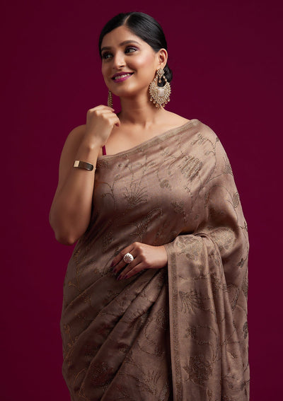 Light Brown Swarovski Shimmer Designer Saree - koskii